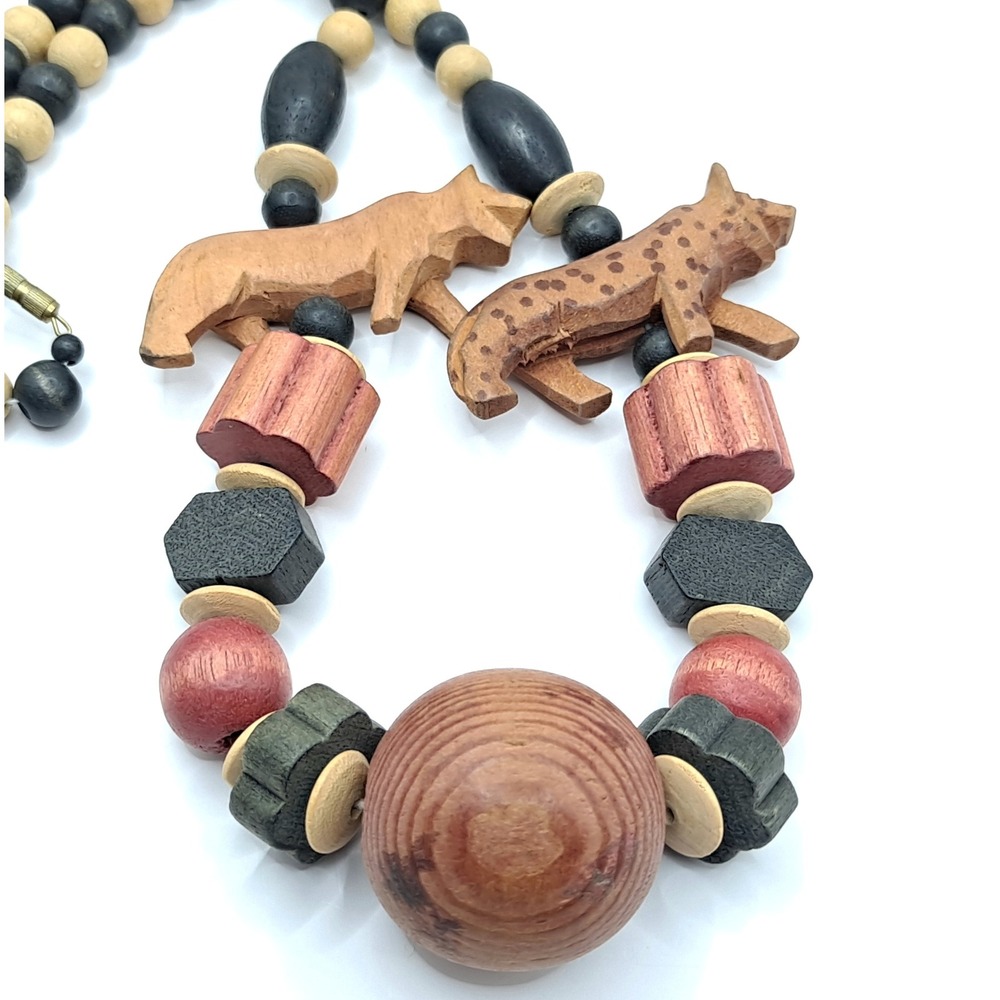 Vintage Wood Animal Necklace Multi-Color Safari Hand-Carved Boho Statement 26"